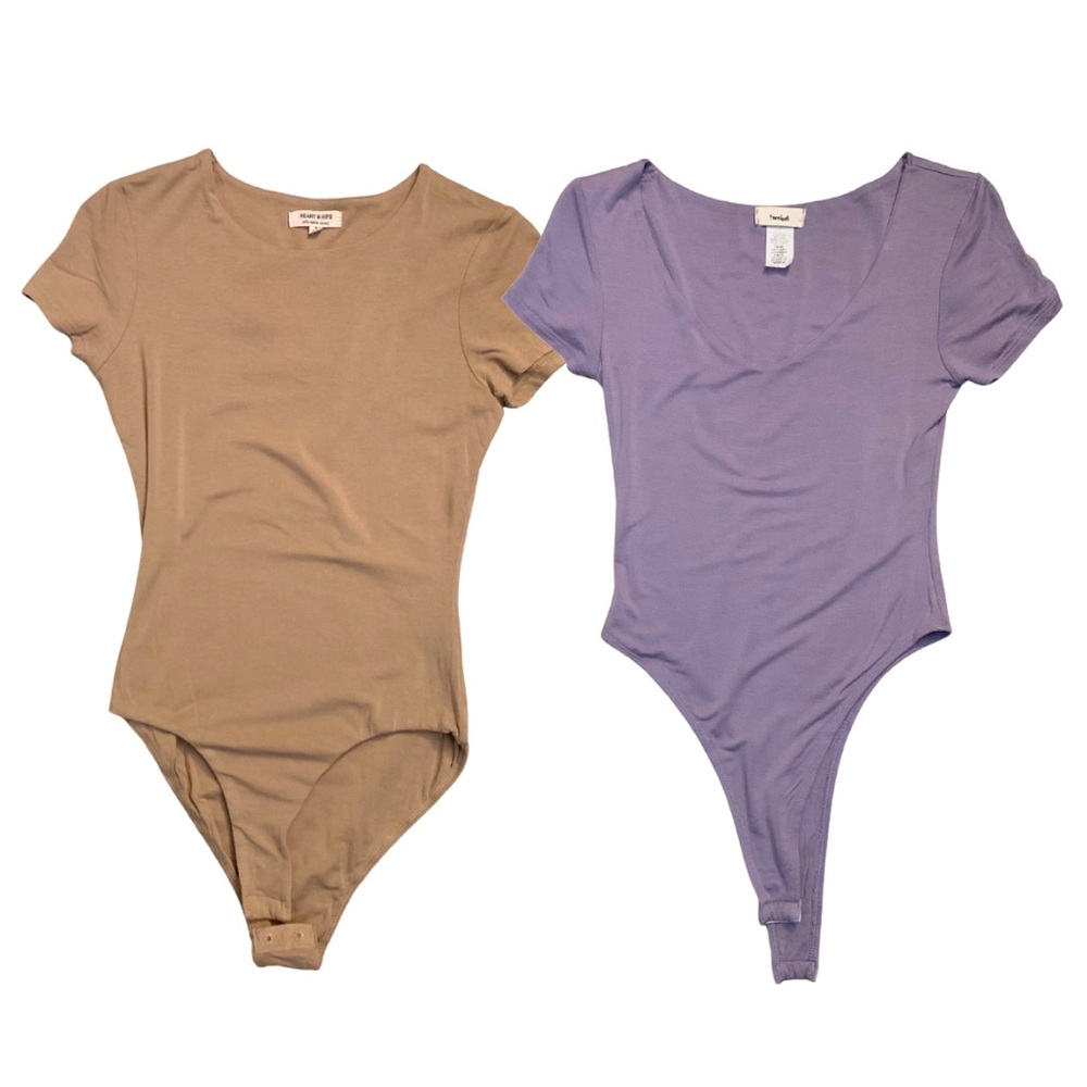 Set of 2 Bodysuit Short Sleeves Size Small Stretch Purple Tan Beige - Picture 1 of 16